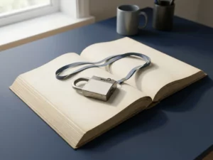 Opengeslagen aanbestedingsdocument op modern bureau met beveiligingsbadge en hangslot, zachte natuurlijke belichting in marine en gebroken wit.