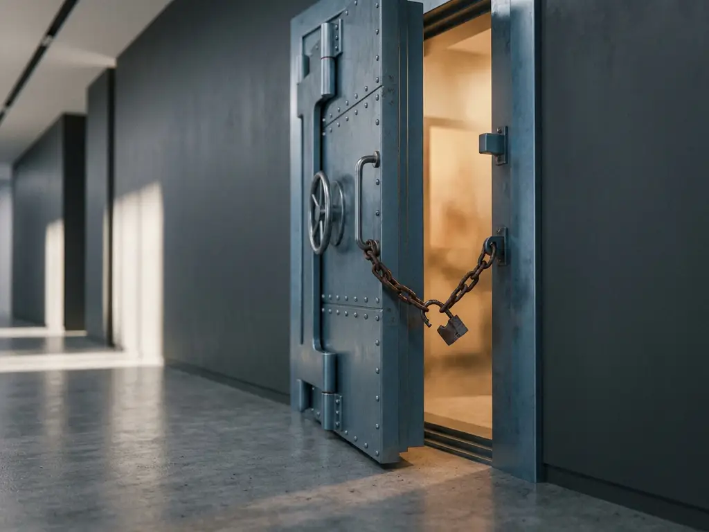 Zware stalen kluisdeur op een kier met gebroken hangslot en ketting in een modern kantoorgebouw, dramatisch verlicht.