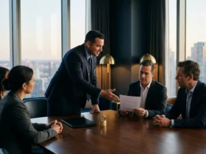 Beveiligingsfunctionaris presenteert risicooverzicht aan executives in boardroom met laptop en hangslot op tafel.