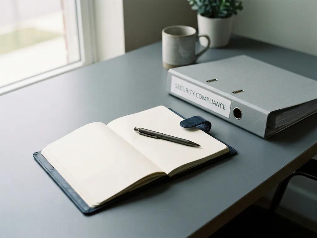 Opengeslagen leren notitieboek naast een beveiligingscompliancemap op een modern bureau, pen liggend op de pagina, zacht natuurlijk licht.