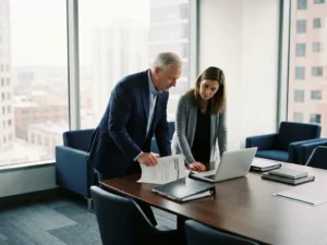 Senior executive in maatpak bestudeert beveiligingsraamwerk met consultant aan vergadertafel in moderne boardroom.
