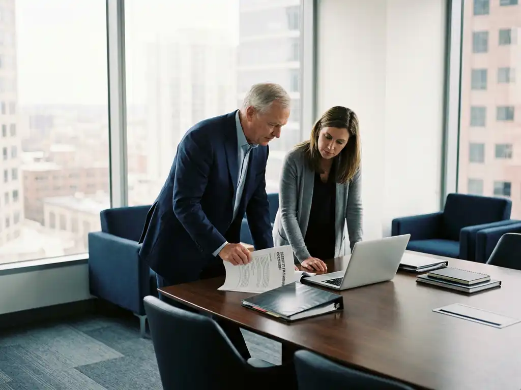 Senior executive in maatpak bestudeert beveiligingsraamwerk met consultant aan vergadertafel in moderne boardroom.