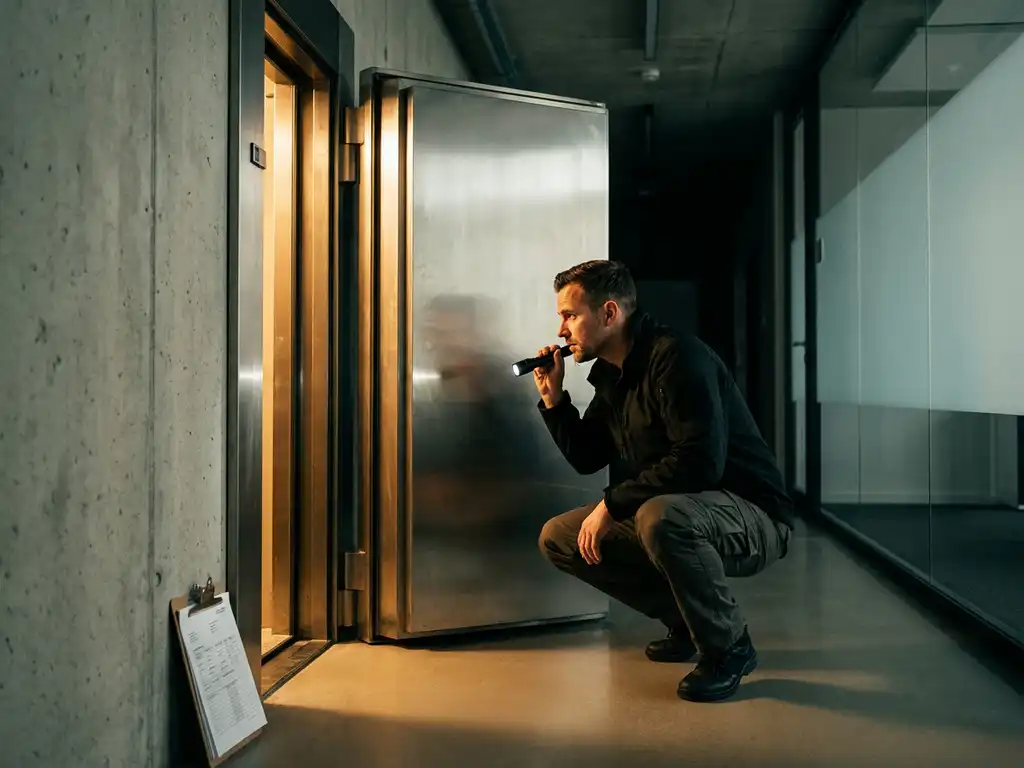 Beveiligingsprofessional inspecteert een op een kier staande stalen kluisdeur in een modern kantoorgebouw, klembord tegen de muur.