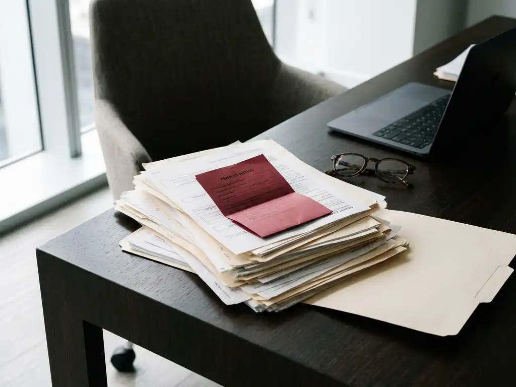 Stapel officiële documenten op modern bureau met rode boetekennisgeving op de voorgrond, laptop en leesbril ernaast.
