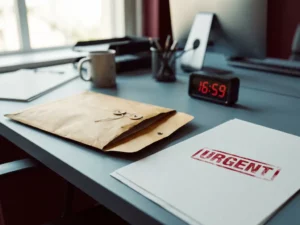 Opengevallen manillaenvelop op kantoorbureau met rood waarschuwingsstempel op document en digitale klok op de achtergrond.