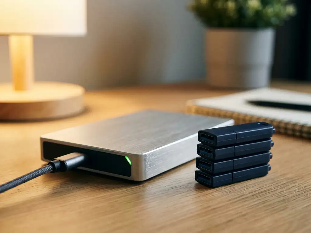 Externe harde schijf met groen indicatielampje naast gestapelde USB-back-upschijven op modern bureau.