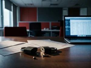 Gebroken hangslot op zakelijk bureau naast laptop en vertrouwelijke documenten, symboliseert datalek of beveiligingsbreuk.