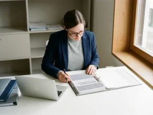 Functionaris voor gegevensbescherming bestudeert privacybeleidsdocument aan modern bureau met laptop en ordners in professioneel kantoor.