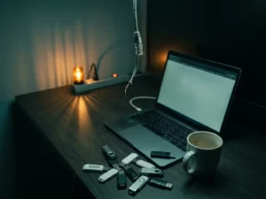 Versleten ethernetkabel hangend aan één koperdraad boven een rommelig bureau met USB-sticks, laptop en koffiekop in amber licht.