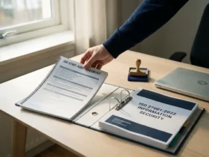 Hand plaatst documentenchecklist op bureau naast ISO 27001-map, laptop en auditstempel in blauw-wit kantoor.