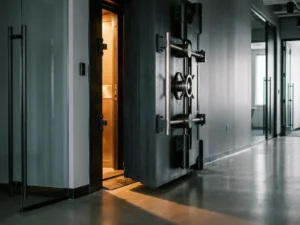 Zware stalen kluisdeur op een kier in een moderne kantoorgang, met warm amberkleurig licht op betonnen vloer.