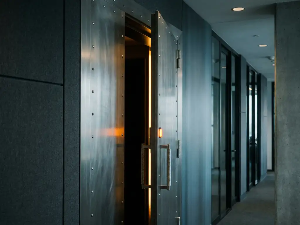 Zware stalen kluisdeur op een kier in een moderne kantoorgang, met een amber waarschuwingslicht vanuit het donkere interieur.