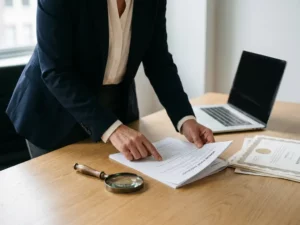 Beveiligingsprofessional in blazer bestudeert leveranciersaudit-checklist op bureau naast certificeringsdocumenten en laptop.