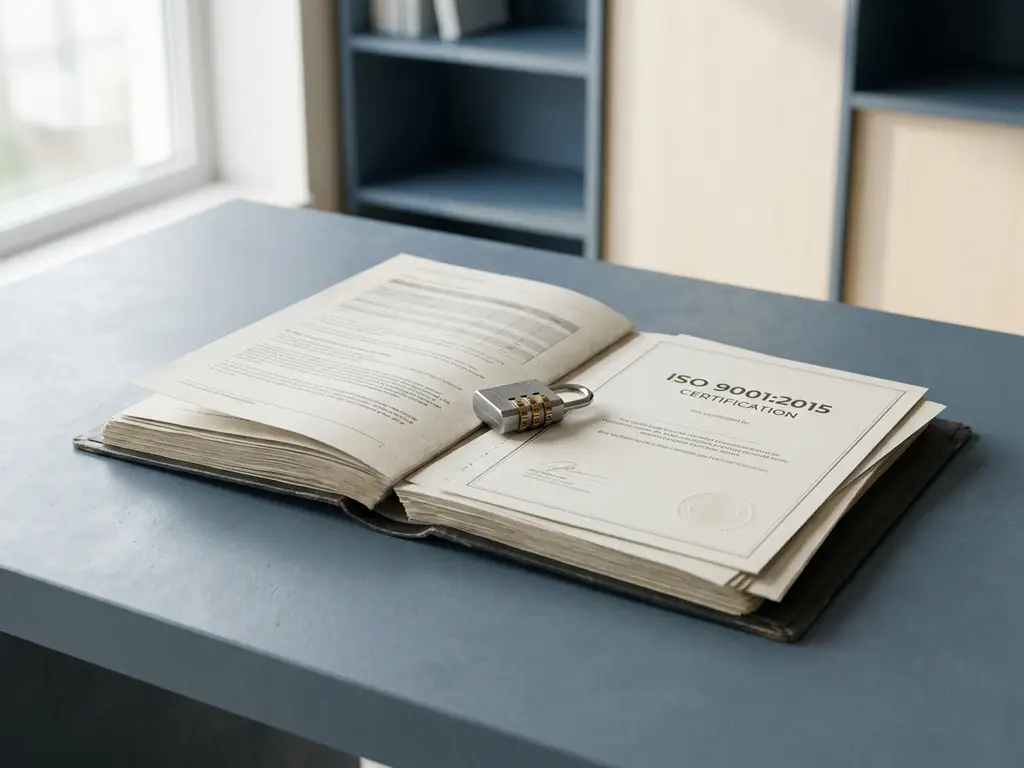Open compliance-map naast ISO-certificeringsdocument op modern bureau, met combinatieslot als symbool voor informatiebeveiliging.
