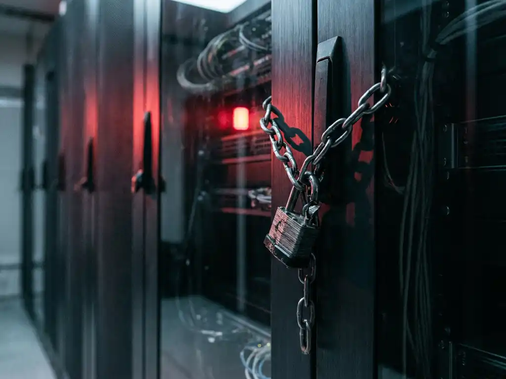 Beschadigde stalen ketting met opengebroken hangslot om een serverrack, rood waarschuwingslicht verlicht het metalen oppervlak.