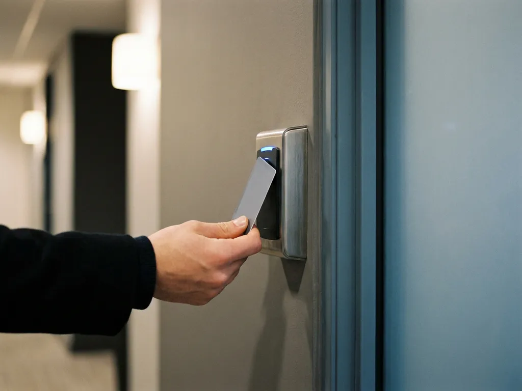 Hand die een keycard invoert in een elektronisch toegangspaneel op een kantoorgang met staalblauwe en warme witte tinten.