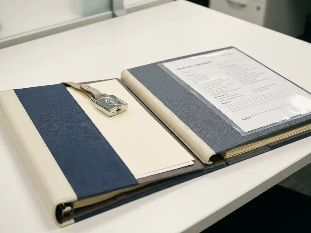 Twee open professionele mappen op een wit bureau met een beveiligingsbadge en een kwaliteitschecklist, in marineblauw en leisteengrijs.