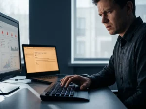 Kantoormedewerker aarzelt voor laptop met verdachte e-mail, beveiligingsdashboard zichtbaar op tweede monitor, amberkleurige waarschuwingsgloed.